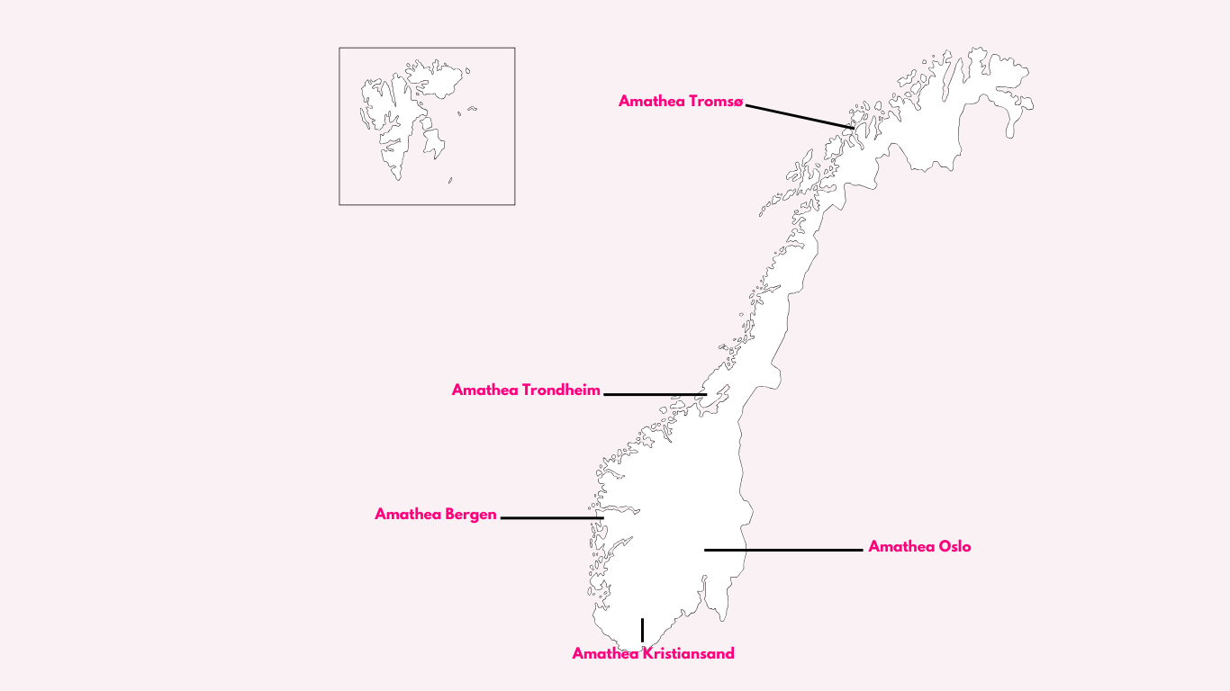 Kart over Norge med piler til Amatheas kontorer i Tromsø, Trondheim, Bergen, Oslo og Kristiansand